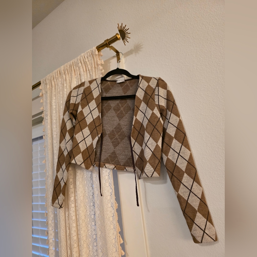 Brown And Cream Checkered Cardigan